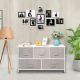 3 layers, 5 drawers, 3 small and 2 large style with non-woven cloth handles, non-woven storage cabinet, non-woven fabric, iron frame, wooden board, 104*30*48cm, white panel, light gray drawer