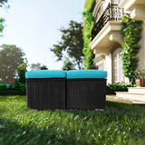 2-Pieces Patio Rattan Ottomans，All-Weather Rattan Wicker Multipurpose Outdoor Furniture for Patio, Backyard, Additional Seating, Footrest, Side Table w/Storage, Removable Cushions