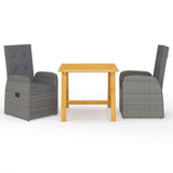 vidaXL 3 Piece Garden Dining Set with Cushions Grey Poly Rattan