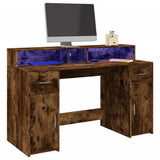 vidaXL Desk with LED Lights Smoked Oak 140x55x91 cm Engineered Wood