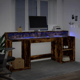 vidaXL Desk with LED Lights Smoked Oak 200x55x91 cm Engineered Wood