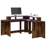 vidaXL Desk with LED Lights Smoked Oak 152x152x91 cm Engineered Wood