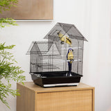 Metal Bird Cage w/ Plastic Perch, Food Container, Swing Ring, Handle - Black