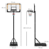 SPORTNOW Basketball Backboard Hoop Net Set System with Wheels, 182-213cm, Black