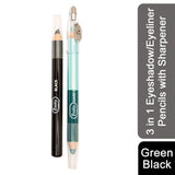 Pretty 3 in 1 Eyeshadow/Eyeliner Pencils with Sharpener, Green / Black