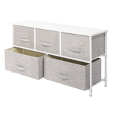 3 layers, 5 drawers, 3 small and 2 large style with non-woven cloth handles, non-woven storage cabinet, non-woven fabric, iron frame, wooden board, 104*30*48cm, white panel, light gray drawer