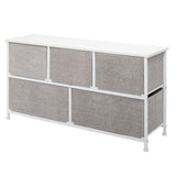 3 layers, 5 drawers, 3 small and 2 large style with non-woven cloth handles, non-woven storage cabinet, non-woven fabric, iron frame, wooden board, 104*30*48cm, white panel, light gray drawer