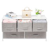 3 layers, 5 drawers, 3 small and 2 large style with non-woven cloth handles, non-woven storage cabinet, non-woven fabric, iron frame, wooden board, 104*30*48cm, white panel, light gray drawer